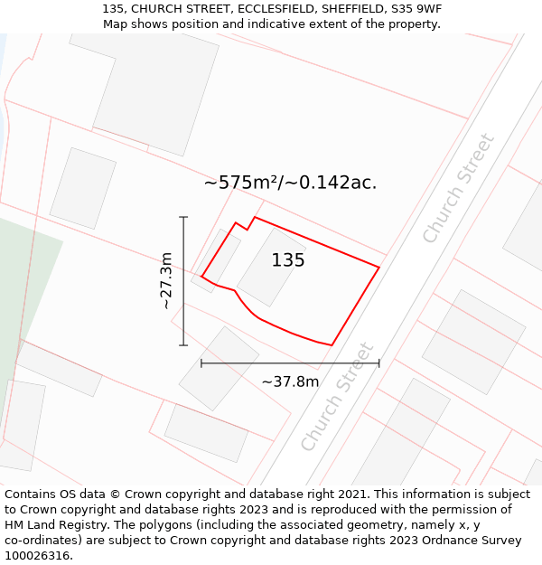 135, CHURCH STREET, ECCLESFIELD, SHEFFIELD, S35 9WF: Plot and title map