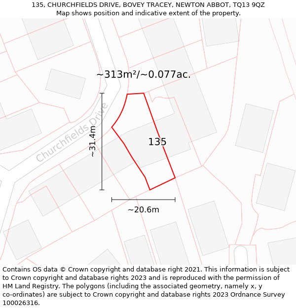 135, CHURCHFIELDS DRIVE, BOVEY TRACEY, NEWTON ABBOT, TQ13 9QZ: Plot and title map