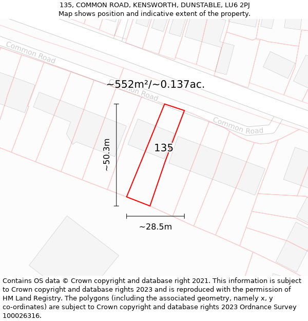 135, COMMON ROAD, KENSWORTH, DUNSTABLE, LU6 2PJ: Plot and title map