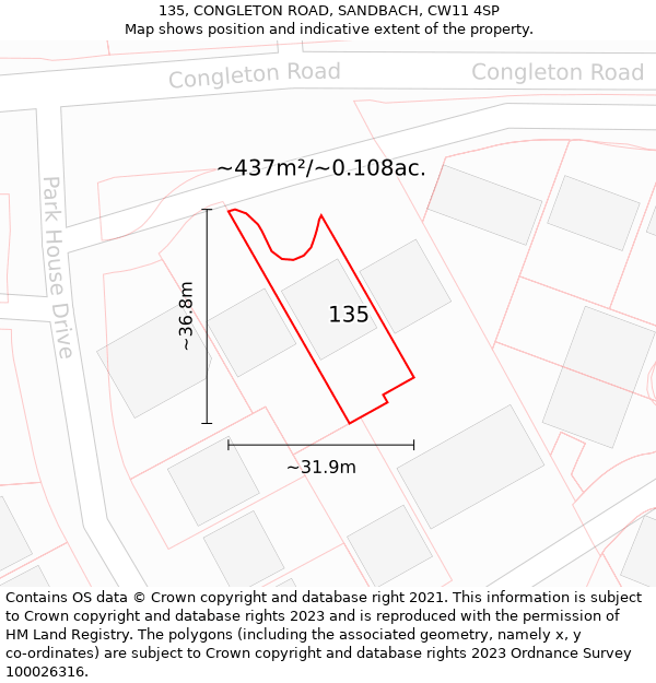 135, CONGLETON ROAD, SANDBACH, CW11 4SP: Plot and title map