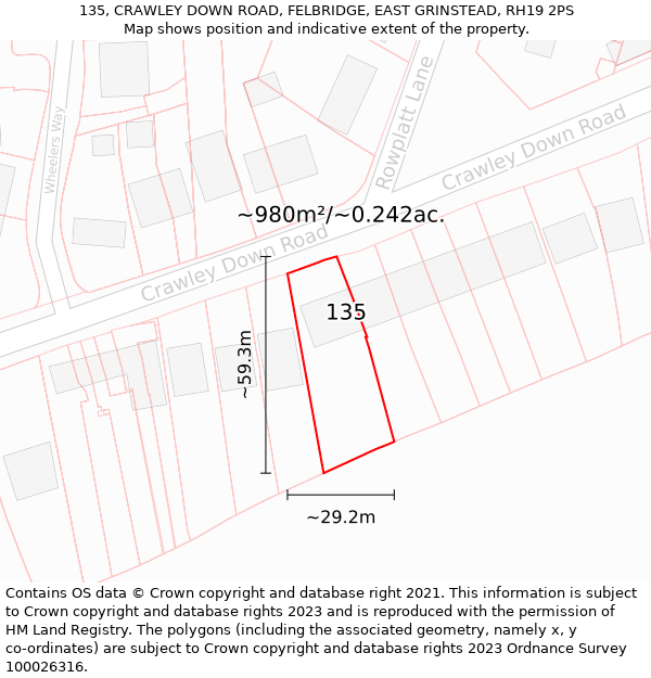 135, CRAWLEY DOWN ROAD, FELBRIDGE, EAST GRINSTEAD, RH19 2PS: Plot and title map