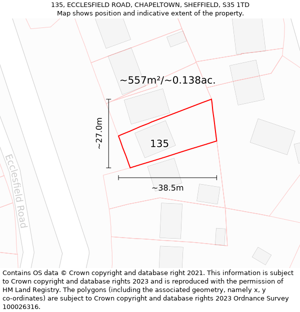 135, ECCLESFIELD ROAD, CHAPELTOWN, SHEFFIELD, S35 1TD: Plot and title map