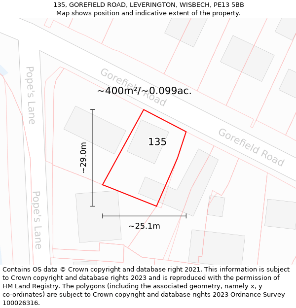 135, GOREFIELD ROAD, LEVERINGTON, WISBECH, PE13 5BB: Plot and title map