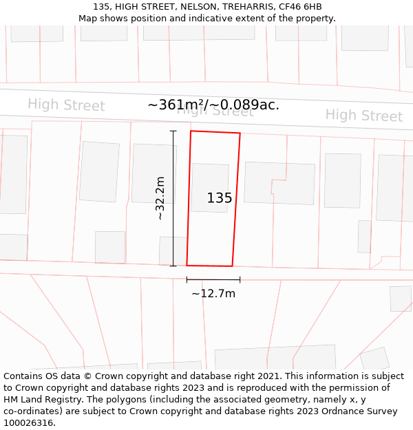 135, HIGH STREET, NELSON, TREHARRIS, CF46 6HB: Plot and title map