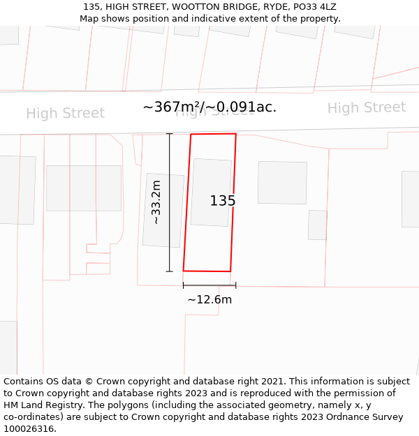 135, HIGH STREET, WOOTTON BRIDGE, RYDE, PO33 4LZ: Plot and title map
