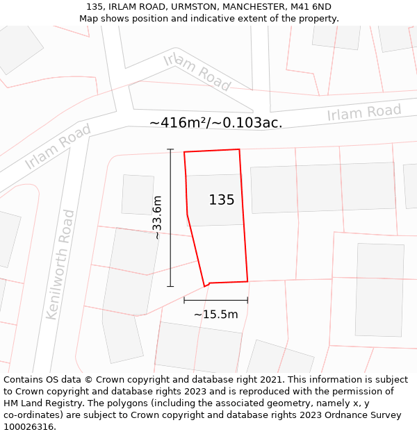 135, IRLAM ROAD, URMSTON, MANCHESTER, M41 6ND: Plot and title map
