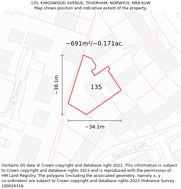 135, KINGSWOOD AVENUE, TAVERHAM, NORWICH, NR8 6UW: Plot and title map