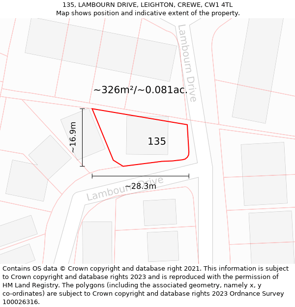 135, LAMBOURN DRIVE, LEIGHTON, CREWE, CW1 4TL: Plot and title map