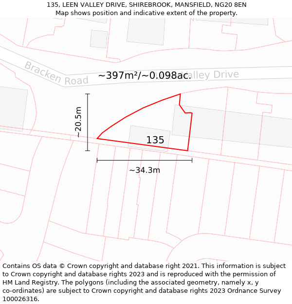 135, LEEN VALLEY DRIVE, SHIREBROOK, MANSFIELD, NG20 8EN: Plot and title map