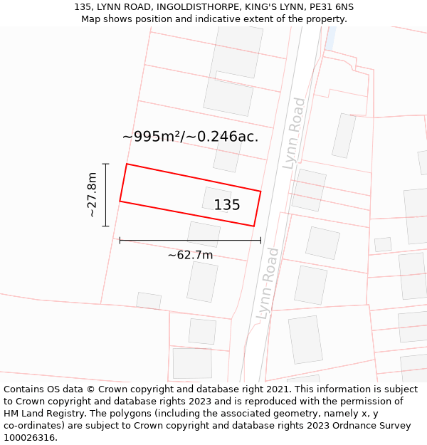 135, LYNN ROAD, INGOLDISTHORPE, KING'S LYNN, PE31 6NS: Plot and title map