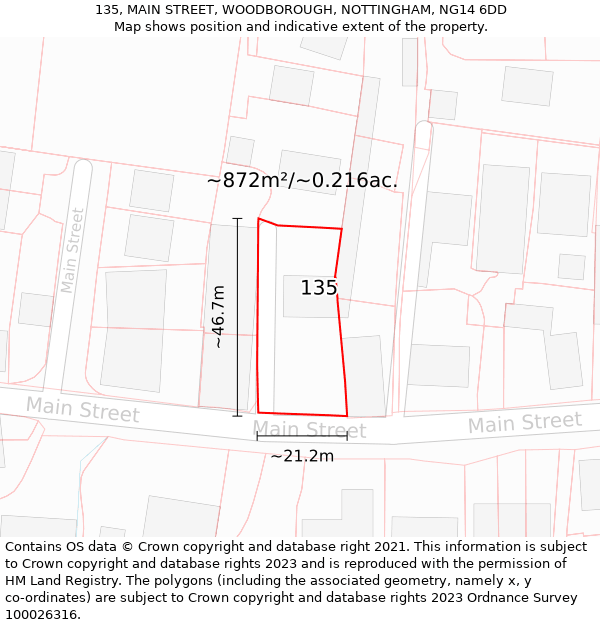 135, MAIN STREET, WOODBOROUGH, NOTTINGHAM, NG14 6DD: Plot and title map