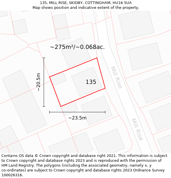 135, MILL RISE, SKIDBY, COTTINGHAM, HU16 5UA: Plot and title map