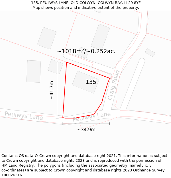 135, PEULWYS LANE, OLD COLWYN, COLWYN BAY, LL29 8YF: Plot and title map