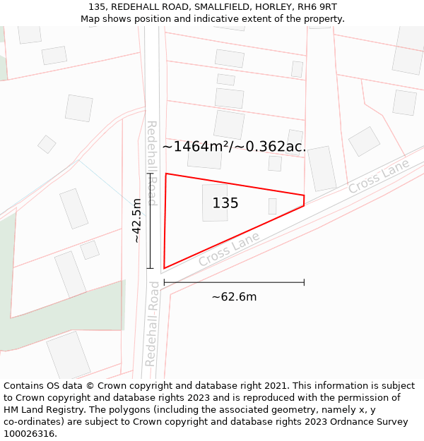 135, REDEHALL ROAD, SMALLFIELD, HORLEY, RH6 9RT: Plot and title map