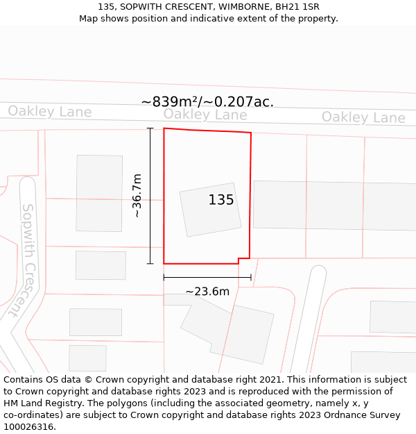 135, SOPWITH CRESCENT, WIMBORNE, BH21 1SR: Plot and title map