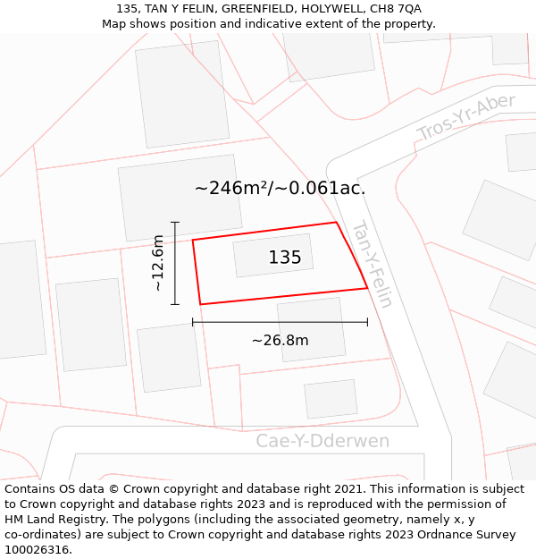 135, TAN Y FELIN, GREENFIELD, HOLYWELL, CH8 7QA: Plot and title map