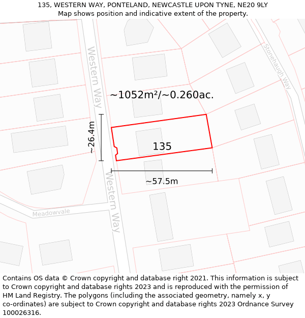 135, WESTERN WAY, PONTELAND, NEWCASTLE UPON TYNE, NE20 9LY: Plot and title map