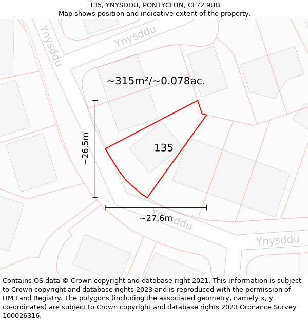 135, YNYSDDU, PONTYCLUN, CF72 9UB: Plot and title map