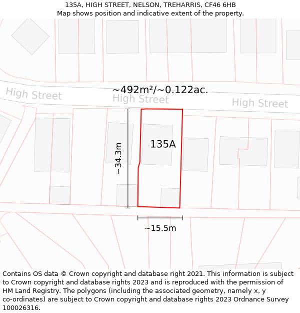 135A, HIGH STREET, NELSON, TREHARRIS, CF46 6HB: Plot and title map
