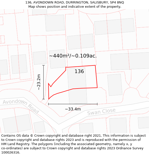 136, AVONDOWN ROAD, DURRINGTON, SALISBURY, SP4 8NQ: Plot and title map