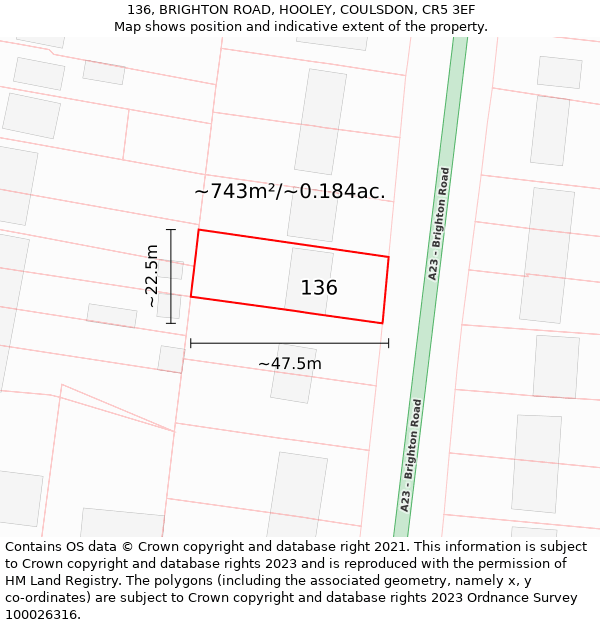 136, BRIGHTON ROAD, HOOLEY, COULSDON, CR5 3EF: Plot and title map