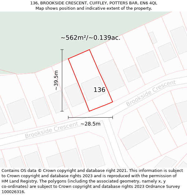 136, BROOKSIDE CRESCENT, CUFFLEY, POTTERS BAR, EN6 4QL: Plot and title map