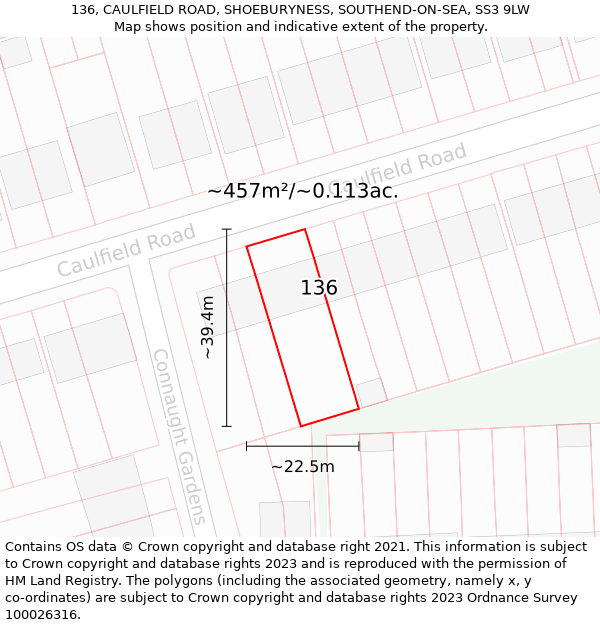 136, CAULFIELD ROAD, SHOEBURYNESS, SOUTHEND-ON-SEA, SS3 9LW: Plot and title map