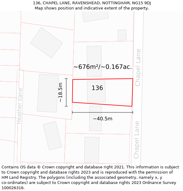 136, CHAPEL LANE, RAVENSHEAD, NOTTINGHAM, NG15 9DJ: Plot and title map