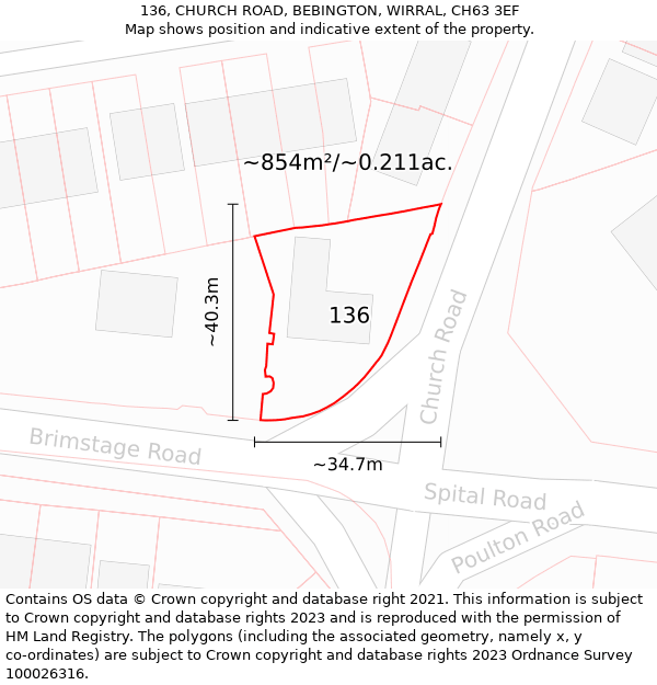 136, CHURCH ROAD, BEBINGTON, WIRRAL, CH63 3EF: Plot and title map