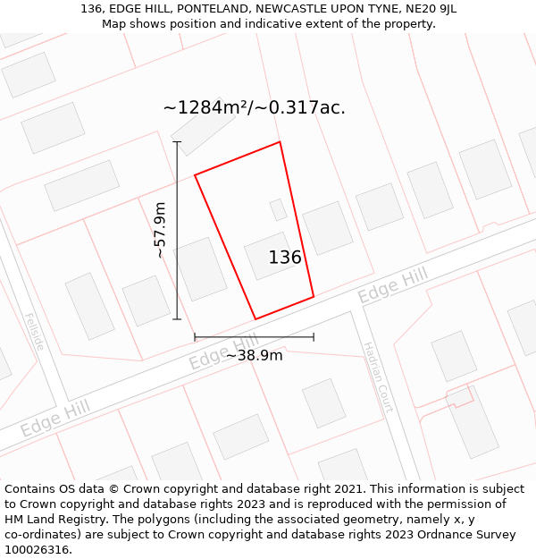 136, EDGE HILL, PONTELAND, NEWCASTLE UPON TYNE, NE20 9JL: Plot and title map