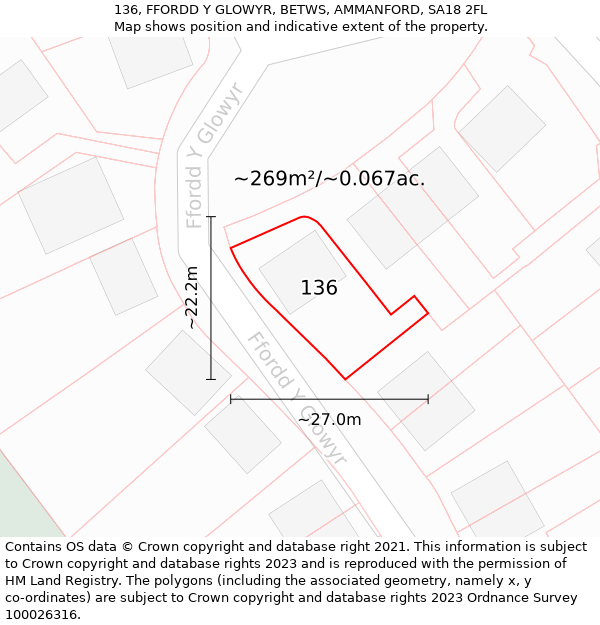 136, FFORDD Y GLOWYR, BETWS, AMMANFORD, SA18 2FL: Plot and title map