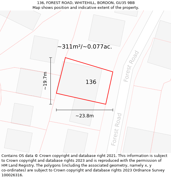 136, FOREST ROAD, WHITEHILL, BORDON, GU35 9BB: Plot and title map