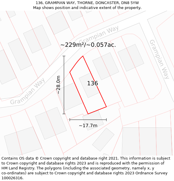 136, GRAMPIAN WAY, THORNE, DONCASTER, DN8 5YW: Plot and title map