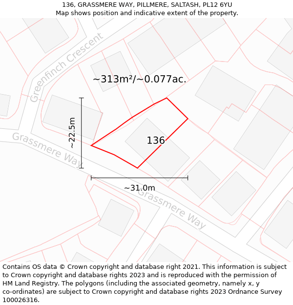 136, GRASSMERE WAY, PILLMERE, SALTASH, PL12 6YU: Plot and title map