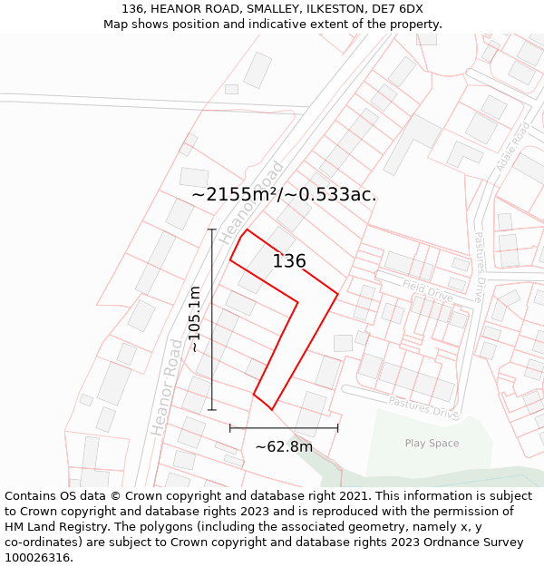 136, HEANOR ROAD, SMALLEY, ILKESTON, DE7 6DX: Plot and title map