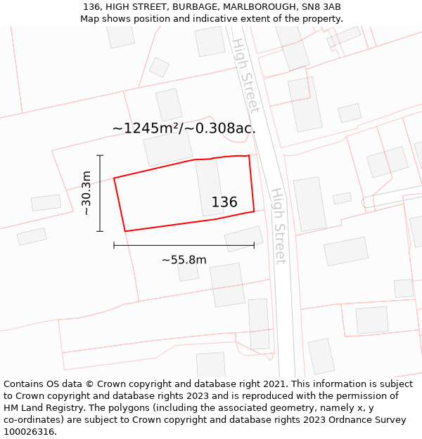 136, HIGH STREET, BURBAGE, MARLBOROUGH, SN8 3AB: Plot and title map