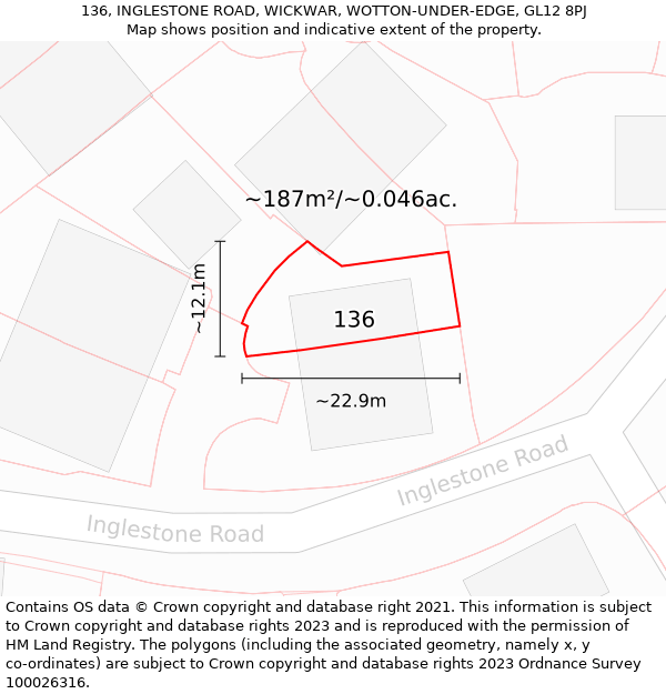 136, INGLESTONE ROAD, WICKWAR, WOTTON-UNDER-EDGE, GL12 8PJ: Plot and title map