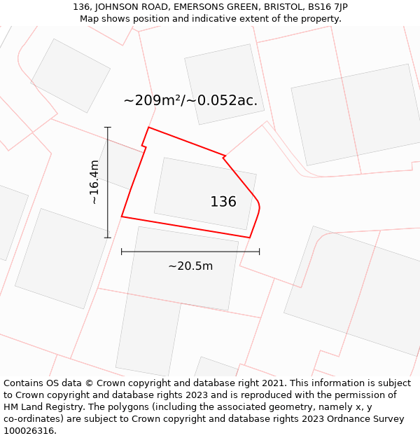 136, JOHNSON ROAD, EMERSONS GREEN, BRISTOL, BS16 7JP: Plot and title map