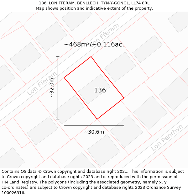 136, LON FFERAM, BENLLECH, TYN-Y-GONGL, LL74 8RL: Plot and title map