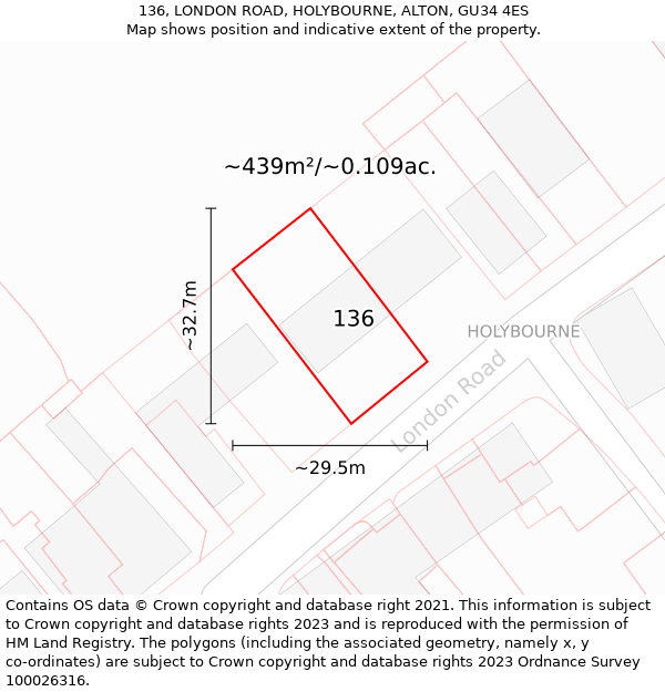 136, LONDON ROAD, HOLYBOURNE, ALTON, GU34 4ES: Plot and title map