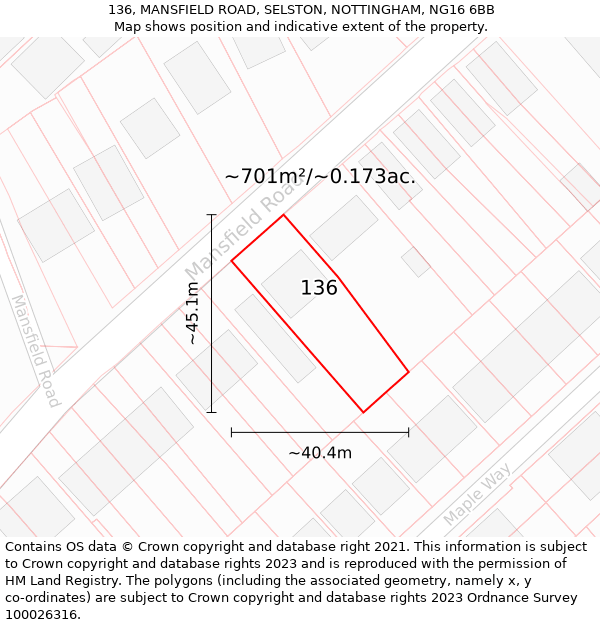 136, MANSFIELD ROAD, SELSTON, NOTTINGHAM, NG16 6BB: Plot and title map