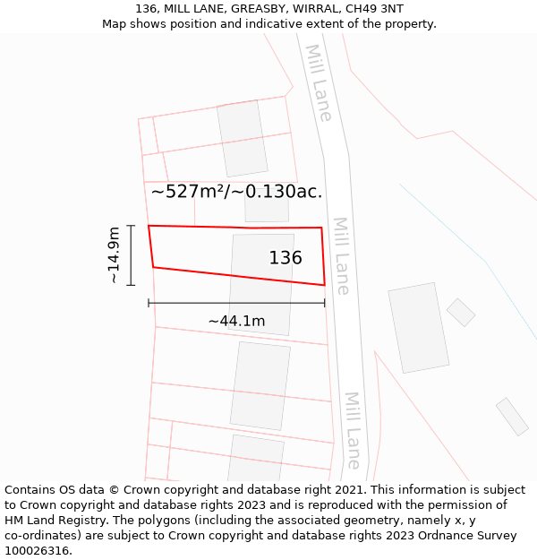136, MILL LANE, GREASBY, WIRRAL, CH49 3NT: Plot and title map