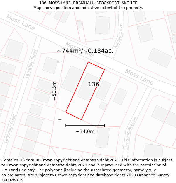 136, MOSS LANE, BRAMHALL, STOCKPORT, SK7 1EE: Plot and title map