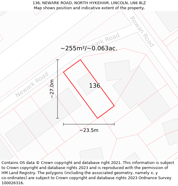 136, NEWARK ROAD, NORTH HYKEHAM, LINCOLN, LN6 8LZ: Plot and title map