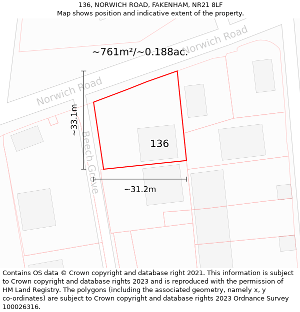 136, NORWICH ROAD, FAKENHAM, NR21 8LF: Plot and title map