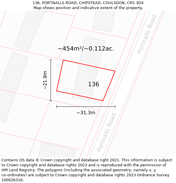 136, PORTNALLS ROAD, CHIPSTEAD, COULSDON, CR5 3DX: Plot and title map