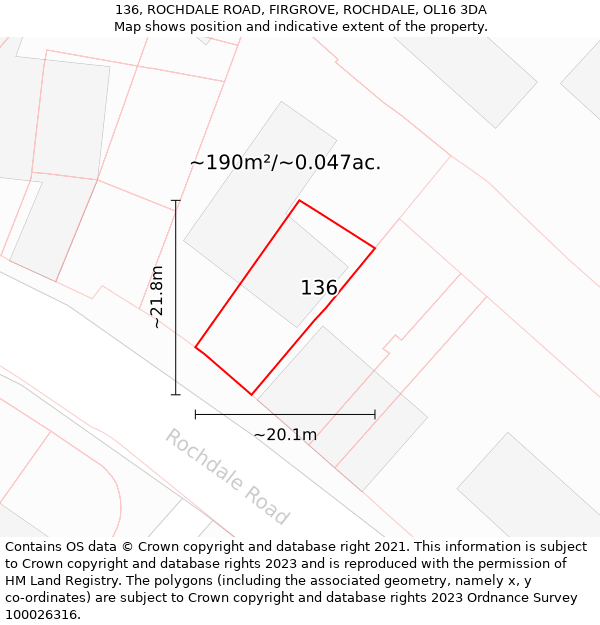 136, ROCHDALE ROAD, FIRGROVE, ROCHDALE, OL16 3DA: Plot and title map