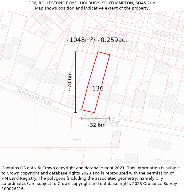 136, ROLLESTONE ROAD, HOLBURY, SOUTHAMPTON, SO45 2HA: Plot and title map