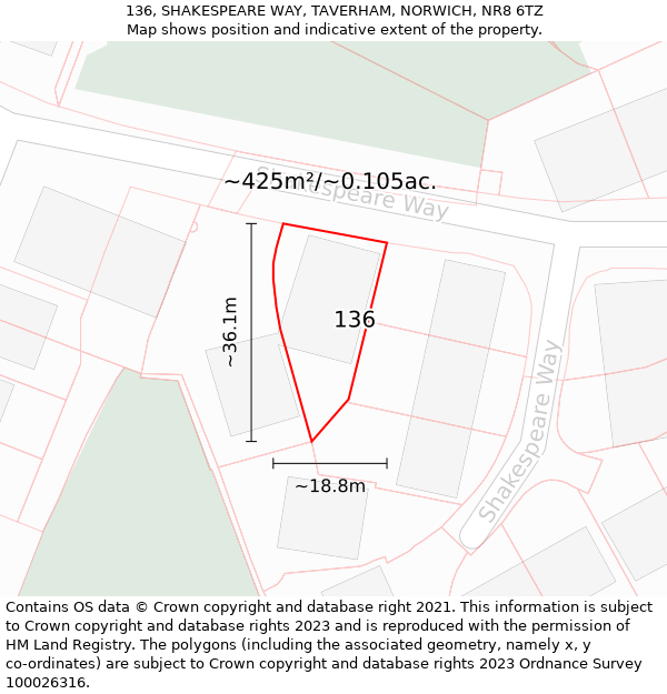 136, SHAKESPEARE WAY, TAVERHAM, NORWICH, NR8 6TZ: Plot and title map