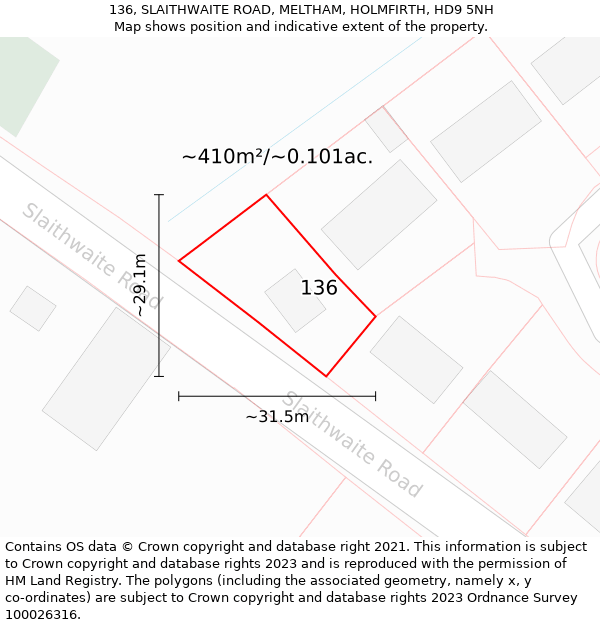 136, SLAITHWAITE ROAD, MELTHAM, HOLMFIRTH, HD9 5NH: Plot and title map